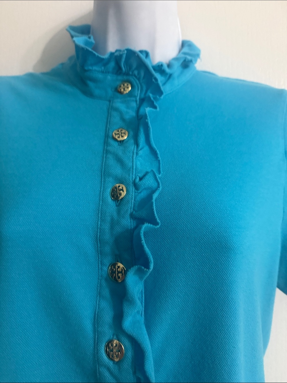 Tory Burch Aqua Ruffle-Placket Short Sleeve Tee - Picture 4 of 7